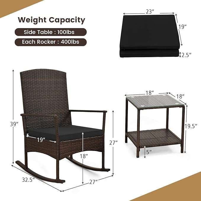 Tangkula 3 Pieces Rocking Wicker Bistro Set, Outdoor Front Porch Rocker Chairs Conversation Set with 2-Tier Tempered Glass Coffee Table and Thick Cushions for Garden, Balcony, Poolside (Black)