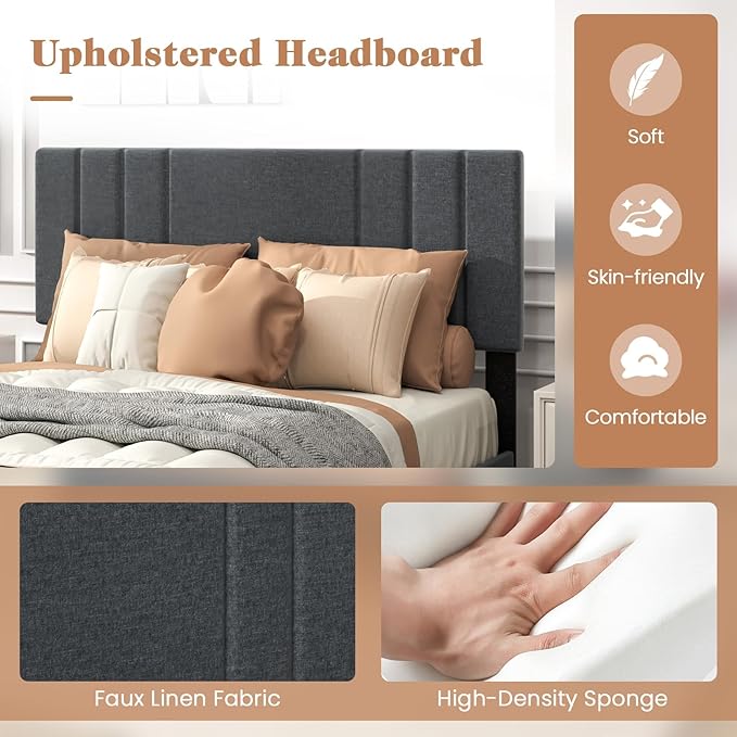 Giantex Full Size Platform Bed Frame, Modern Upholstered Bed Frame with Vertical Channel Tufted Headboard, Wooden Slats Support, No Box Spring Needed, Gray