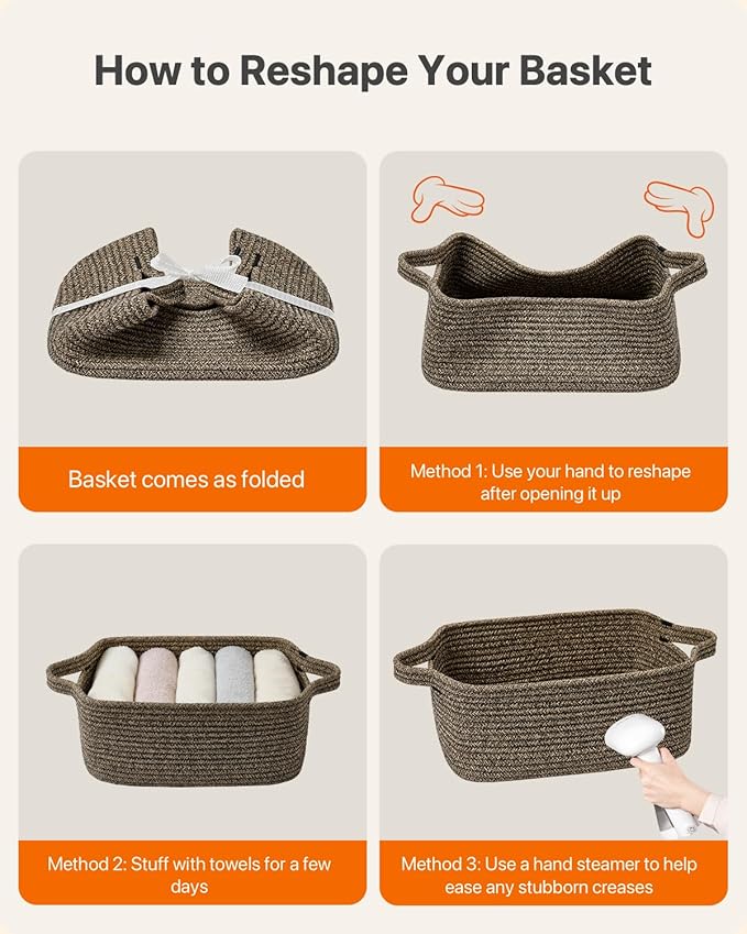 KALLAX Small Woven Basket, 14 x 10 x 5.6 Inches, Small Storage Baskets for Organizing, Gift Baskets Empty, Cute Rope Shelf Closet Storage Bins for Shelves, Dog Toy Basket, Black & Brown Mixed