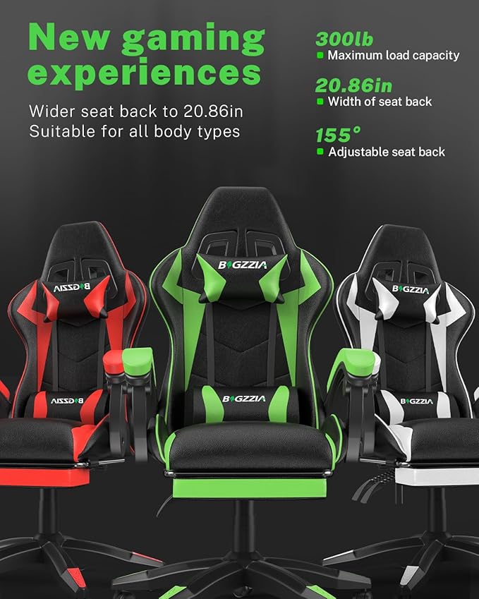 Gaming Chair with Footrest, High Back Ergonomic Computer Gamer Chair with Headrest and Lumbar Support, Racing Style Reclining Game Chair for Adults, Kids (Green-Black)