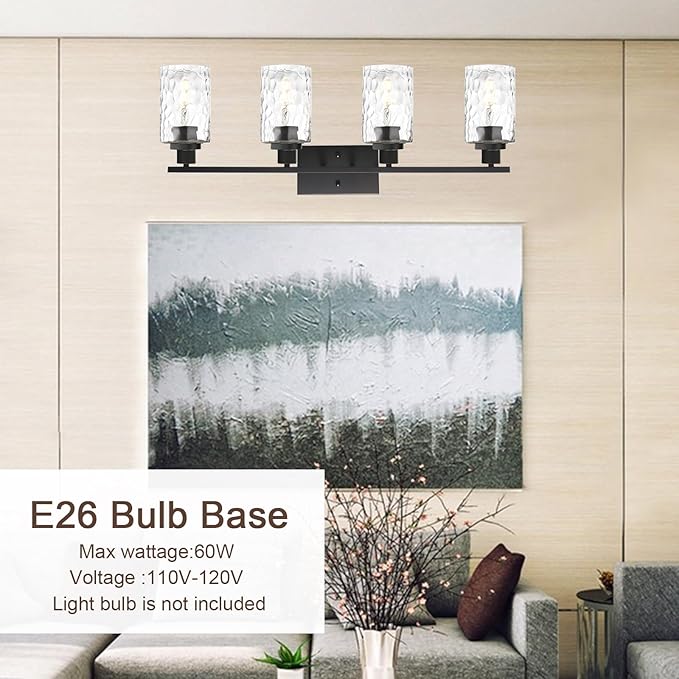 MELUCEE Wall Light Fixture, 4-Light Black Bathroom Vanity Light Over Mirror with Clear Hammered Glass, Modern Wall Sconces Lamp for Powder Room Bedroom Kitchen Porch (Patent No.: US D963914 S)