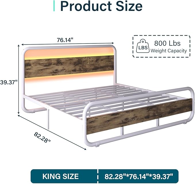Catrimown King Size Bed Frame, Metal King Bed Frame with LED Headboard, Rustic Industrial Heavy Duty Wooden Platform Bed Frame with Under Bed Storage, Noise Free, No Box Spring Needed, White