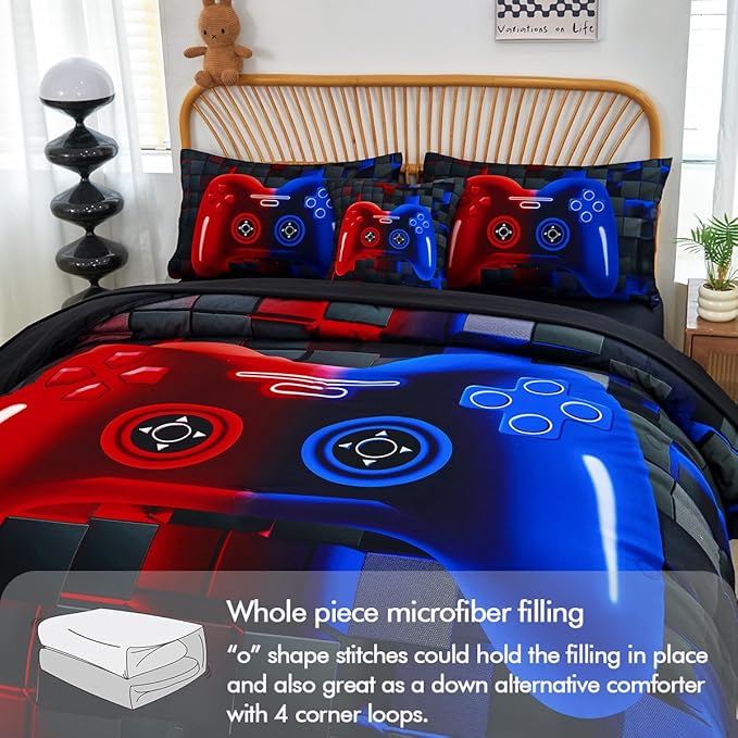 PERFEMET 6 Pieces Kids Comforter Sets Twin Size Red and Blue Game Console Bedding Set for Boys Girls Soft Fluffy 3D Cool Teen Gamer Bed in A Bag for All Seasons(Red Blue, Twin)