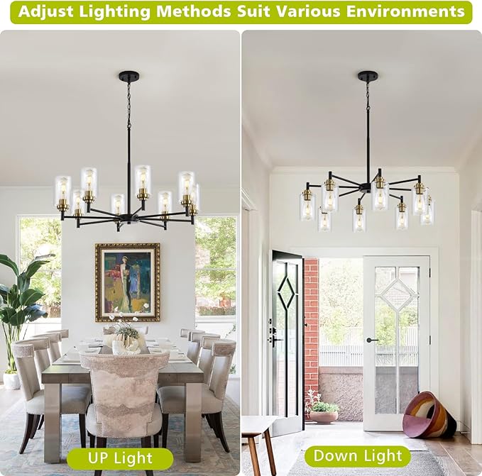 9MMML 8 Lights Black and Gold Chandelier, Modern Glass Ceiling Chandelier Light Fixture, Large Ceiling Hanging Light for Dining Room, Living Room, Bedroom, Kitchen, Over Table, Foyer, E26 Base