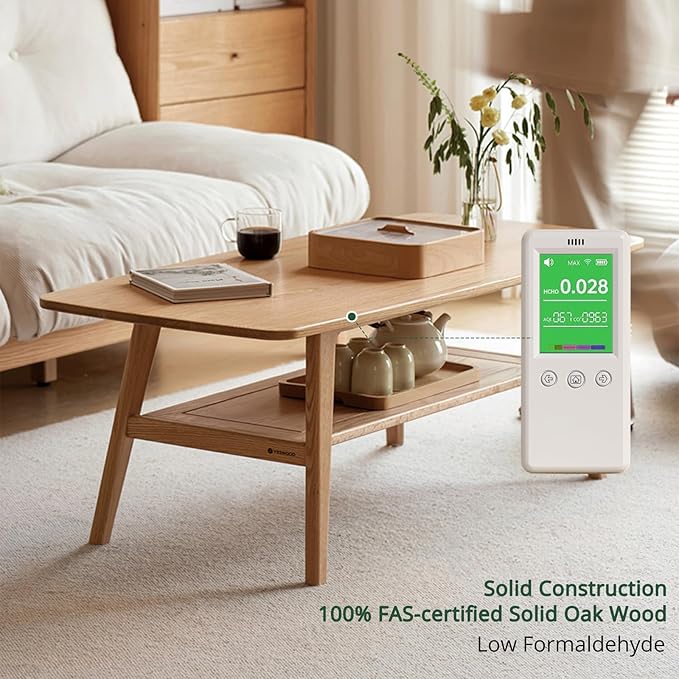 Wood Coffee Table - 100% Solid Oak Wood - Double Storage Coffee Table, Eco-Friendly Finish Center Table - Easy Assembly (Natural, 31.49" D x 19.68" W x 17.32" H)