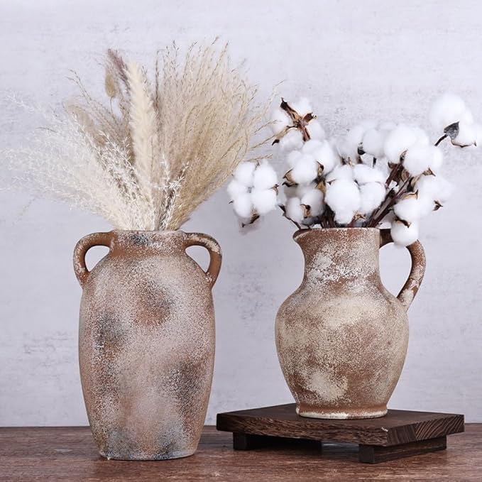 Rustic Farmhouse Ceramic Vase, 9.8" Tall Vintage Pottery Vases, Terracotta Decorative Boho Pampas Flower Vase, Suitable for Home Decor Living Room Entryway Table Bookshelf Mantle Shelf Decor