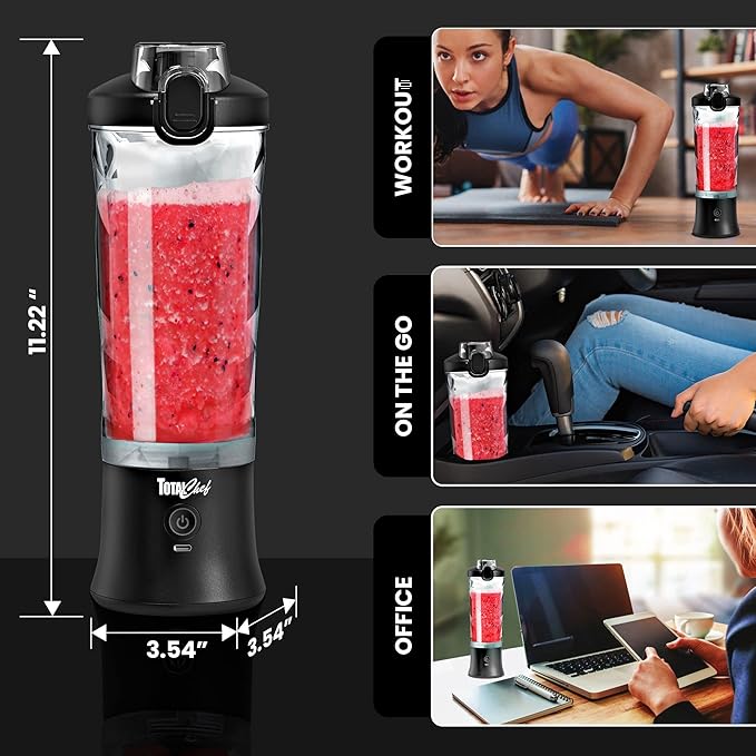 Total Chef Portable Blender - USB Rechargeable Personal Smoothie Mixer, Protein Shake Maker, Cordless Travel Mini Licuadora, Blend Frozen Fruit, Drink Milkshake On The Go,Ice Crusher 20 OZ, Black