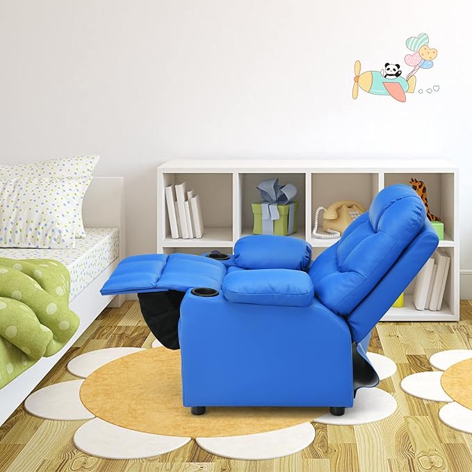GLACER Kids Recliner Chair w/Cup Holder & Side Pockets, Children Recliner w/Comfortable Backrest, Armrests & Footrest, Toddler PU Leather Recliner for Boys Girls, 3+ Age Group (Blue)