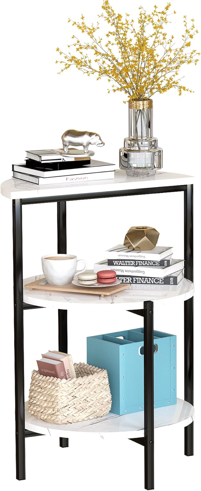 AWQM Marble Side End Table Set, 3-Tier Sofa Side Table, Small Round Coffee, Table Bedside Table of 2, Corner Table w/Metal Frame for Living Room Bedroom, White+Black