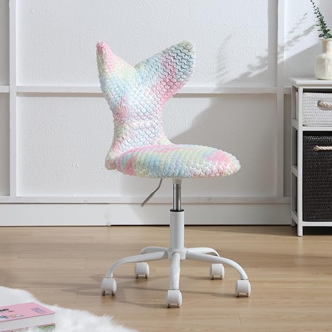 Fuzzy Desk Chair, Cute Swivel Children Desk Chair with Wheels for Kids Bedroom Upholstered Rolling Study Chair Adjustable Computer Chair Mermaid Back Vanity Chair for Teen Girls Boys, Light Colorful