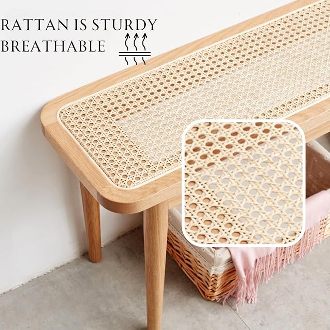 31.5'' Natural Rattan Dining Bench with 100% Solid Oak Wood Bench Frame, Bed End Shoe Ottoman for Kitchen Bedroom Entryway, Natural Oak