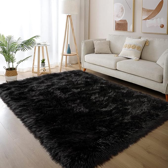 Latepis Black Rugs for Bedroom 3x5 Throw Rug Shag Washable Faux Fur Sheepskin Rug for Living Room Floor Plush Soft Rugs Cute Room Decor Rectangle
