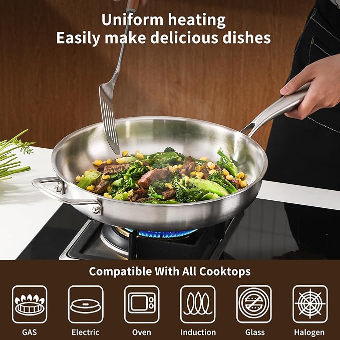 Tri-Ply Stainless Steel Pan Set, PFOA and PTFE-Free Skillet Griddle, Stainless Steel Pan Set with Lid for the Kitchen, Induction-Compatible Cookware Sets, Dishwasher and Oven Safe