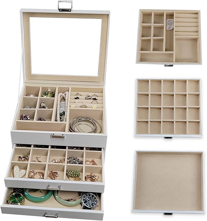 BOOVO Clear Lid Jewelry Box,3 Layers Jewelry Organizer Large Multi-Functional Jewelry Storage Box with 2 Drawers,Jewelry Display Case of Rings Earrings Necklace Bracelets for Women Girls (White)