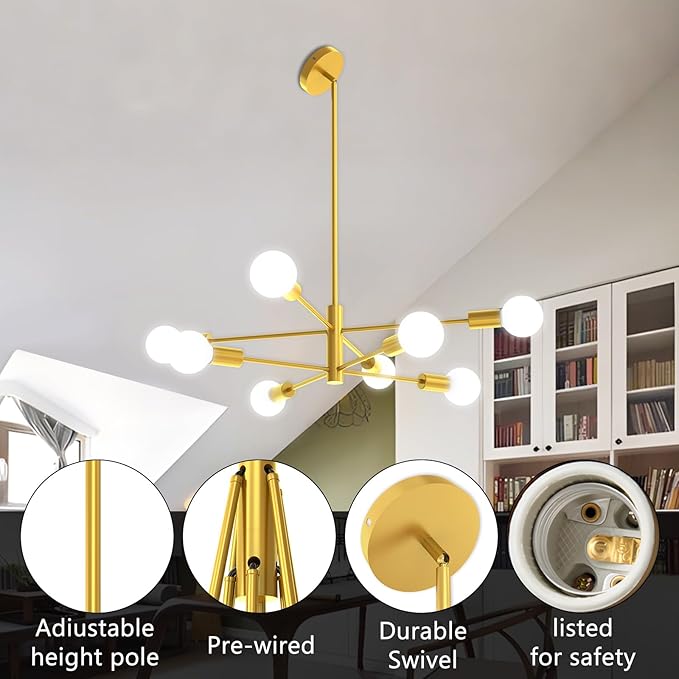 Modern Chandelier Ceiling Light Fixture, 53InchH Sputnik Chandeliers for Dining Room Hanging Light Fixtures Over Table Height Adjustable for Bedroom Kitchen Island Foyer 8-Light Gold