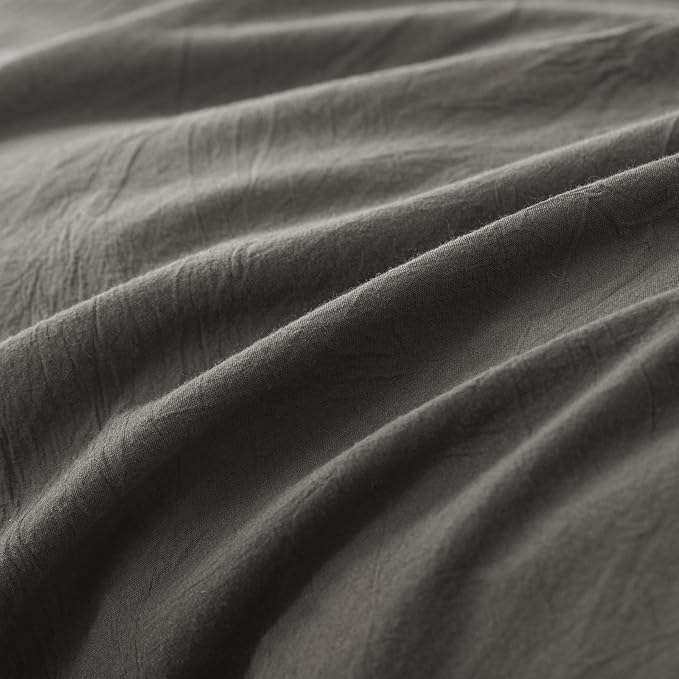 JIYUAN 100% Washed Cotton Duvet Cover Set 3 Pieces King, 1 Duvet Cover 104x90 Inches(Comforter Not Included) and 2 Pillowcases,Linen Feel Bedding Set Comfy and Breathable,Solid Dark Grey