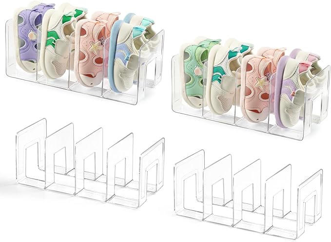 4 Pack Clear Acrylic Kids Shoe Rack for Closet Organizers and Storaget, Baby Shoe Storage Small Shoe Rack 4 Sections Kids Shoe Organizer Stackable,Desk File Sorter Book Purse Organizer