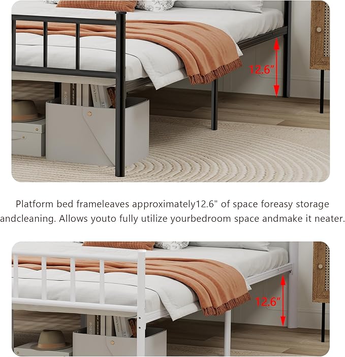 Metal Platform King Bed Frame with Headboard Sturdy Steel Slats Support No Box Spring Needed Easy Assembly White