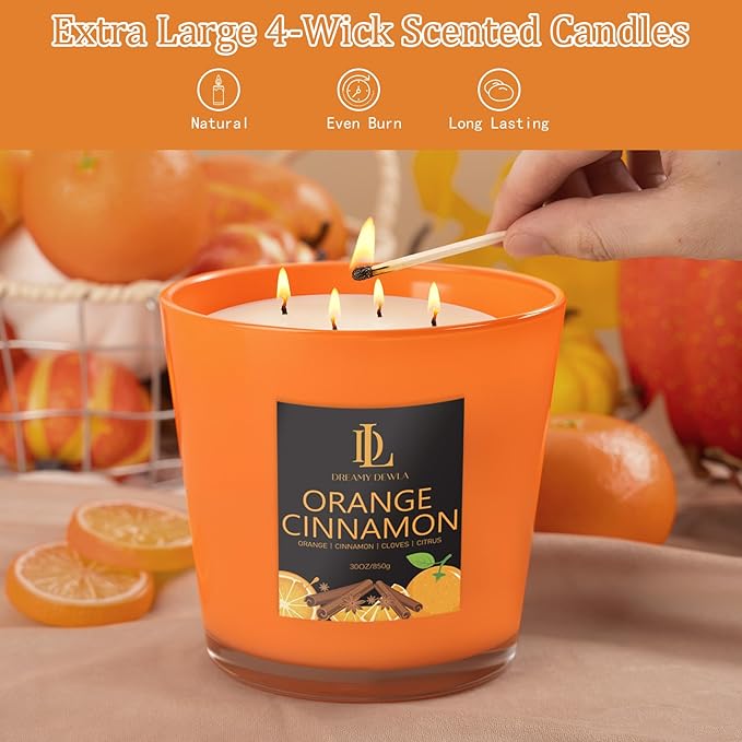 Orange Cinnamon Candle, Fall Scented Candles, Large 30oz Natural Soy Candles, 4-Wick 80 Hour Burn Time, Holiday Candle Gifts for Home Decor
