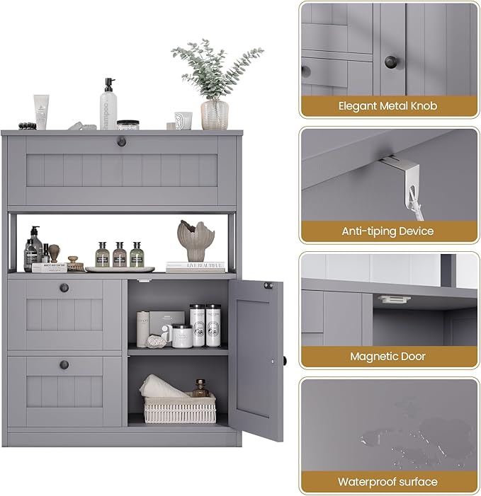 Bathroom Cabinet, Modern Bathroom Floor Storage Cabinet Organizer with 1 Door and 3 Drawers, Freestanding Cupboard for Kitchen/Living Room Use