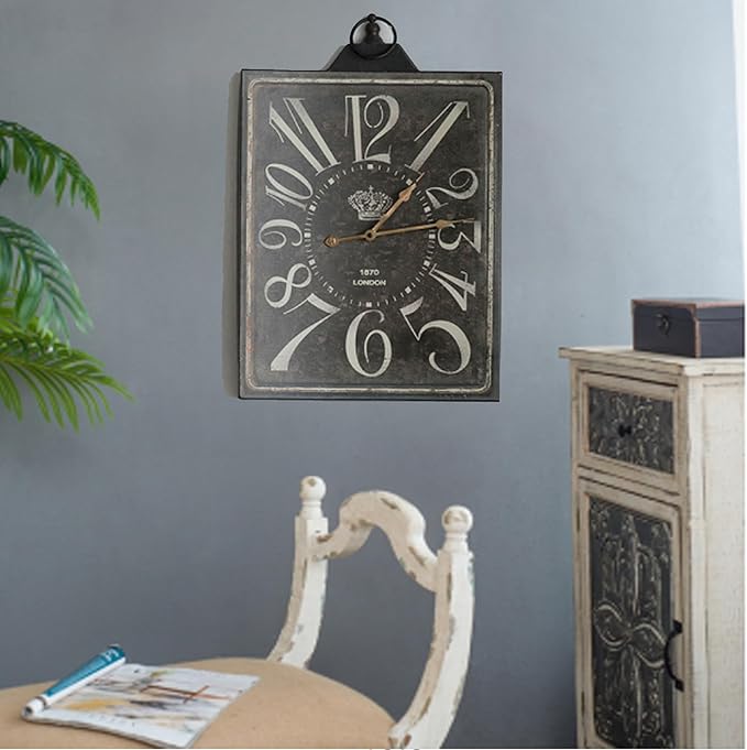 Vintage Bronze Metal Wall Clock, Large Retro Wall Decor Rectangular Silent Non Ticking Clock for Living Room Decor, Kitchen, Bedroom, Study Decoration, Handmade Home Gift Idea