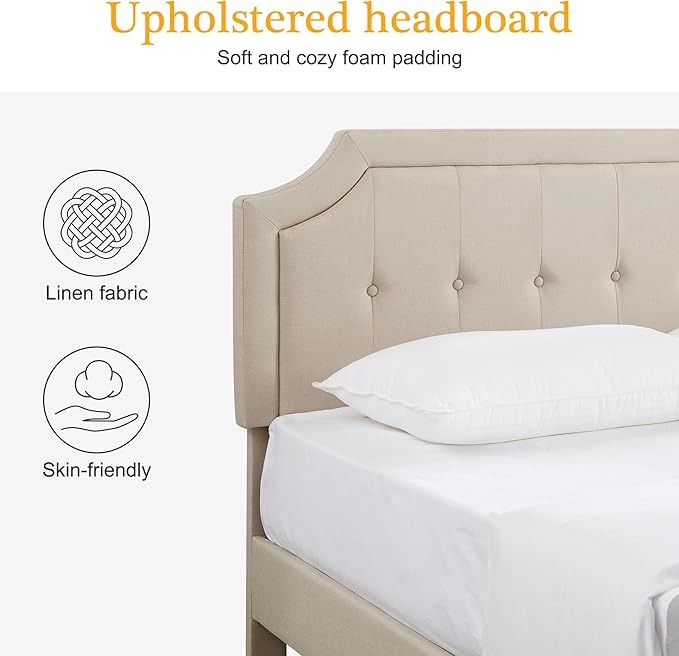 VECELO Queen Upholstered Platform Bed Frame with Adjustable Button Stitched Panel Headboard,Strong Wood Slat Support,Velcro Design,Mattress Foundation/Easy Assembly,Beige