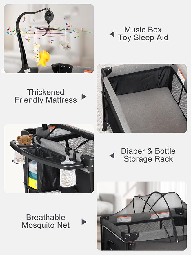 Baby Bassinet, Pack and Play with Bassinet, Bedside Sleeper with Diaper Changer, Mosquito Net, Music Box, Portable Crib with One-Click Installation, Playard for Newborn to Toddlers