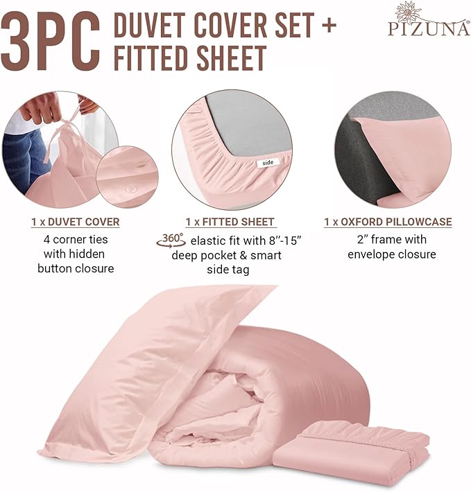 Pizuna 100% Cotton Twin 2 Pc Duvet Cover + 1 Pc Fitted Sheet Set 400 Thread Count Light Pink Sateen Weave Luxurious Long Staple Cotton 4 Piece Bedding Set-1 Duvet Cover, 1 Pillow Sham, 1 Fitted Sheet