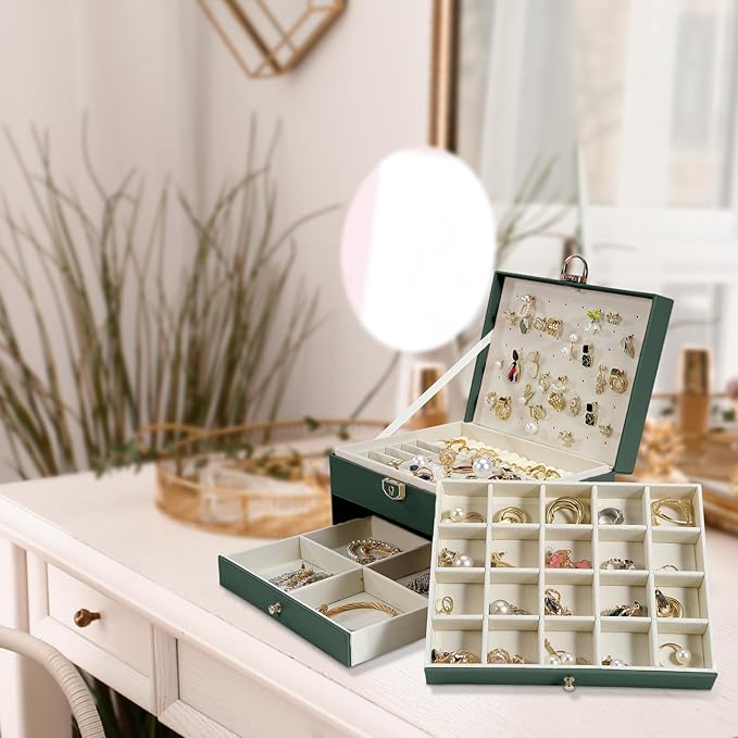 3-Layer Jewelry Box for Women, Jewelry Organizers and Storage with Removable Jewelry Tray, Vintage Quilted Top Lockable Jewelry Holder Gift Idea Dark Green
