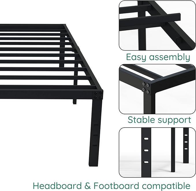 18 Inch Twin Bed Frame Heavy Duty No Box Spring Needed Metal Platform with Maximum Storage, Easy Assembly, Noise Free, Black