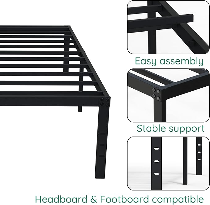 18 Inch Twin XL Bed Frame Heavy Duty No Box Spring Needed Metal Platform with Maximum Storage, Easy to Assembly, Noise Free, Black