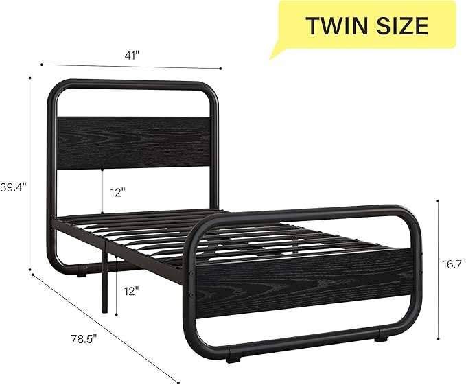 Catrimown Twin Size Bed Frame with LED Lights, Twin Size Platform Bed Frame with Under Bed Storage, Heavy Duty Metal Rustic Bed Frame with Wood Headboard, Noise Free, No Box Spring Needed, Black