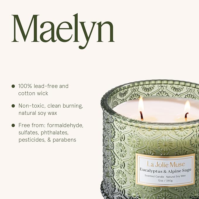 LA JOLIE MUSE Eucalyptus & Alpine Sage Candle - Eucalyptus, Sage, Lavender | 12 oz Large 2-Wick Soy Wax Candle | 60 Hours Clean Burn | Aromatherapy Candle | Gift-Ready for Hosts & Gatherings