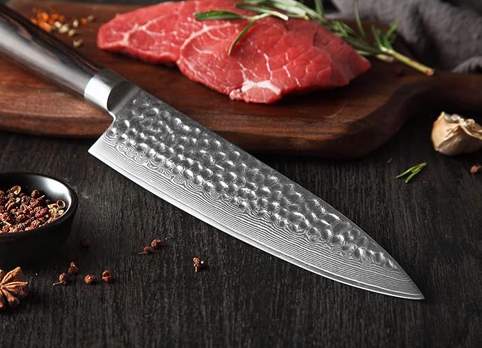 XINZUO 8 Inch Hammered Damascus Chef Knife,67 Layers Damascus Steel Kitchen Knife,Professional Japenese Chef Knife with Gift Box, Dark Brown Pakkawood Handle, Razor Sharp-He Series