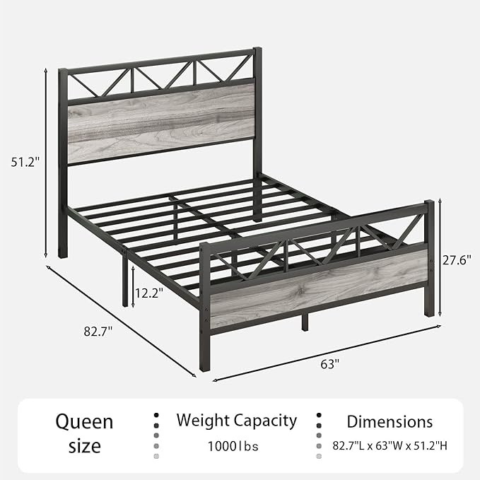 Bed Frame Queen Size, Queen Bed Frames with 51.2" Tall Industrial Headboard, Queen Platform Bed Frame with Strong Steel Slats Support, Noise Free, No Box Spring Needed, Easy Assembly, Rustic Brown