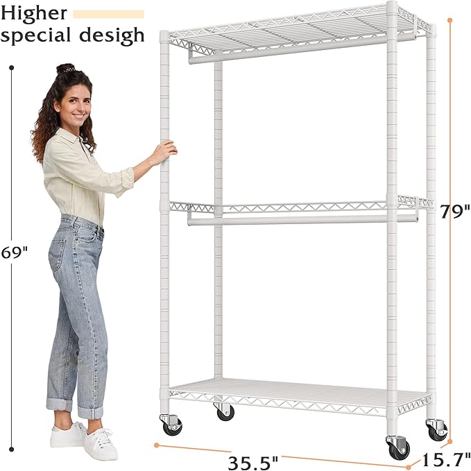 Raybee Rolling Garment Rack with Wheels Portable Clothes Rack for Hanging Clothes,Adjustable,2 Shelves,79" H X35.5 W X15.7 D, White