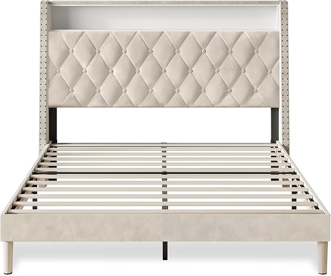 WLIVE Queen Size Upholstered Bed Frame with Storage Headboard, Velvet Square Tufted Platform Bed with Charging Station, Sturdy Metal & Wooden Slats Support, No Box Spring Needed, Beige