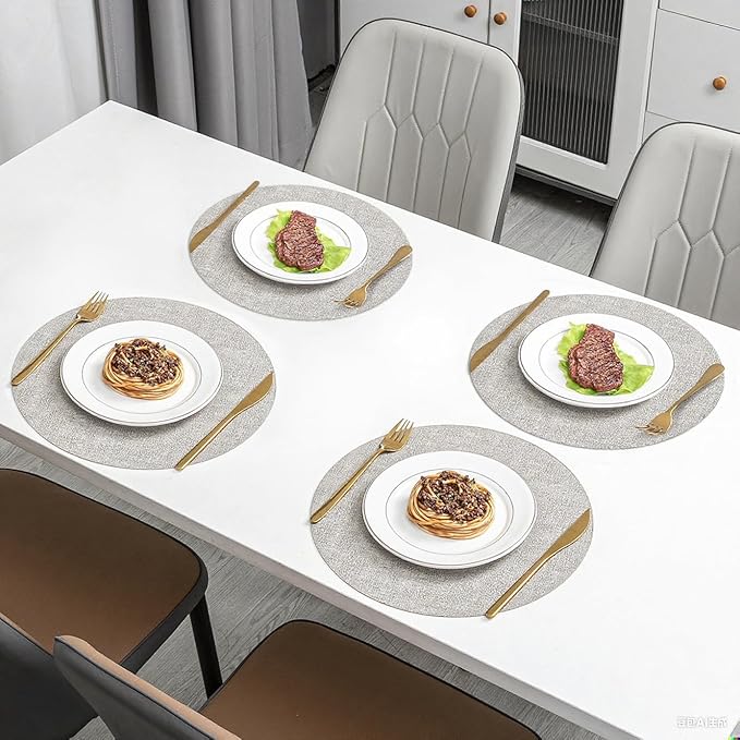Round Placemats Set of 8, Reversible Faux Leather Waterproof and Heat Resistant Place Mats, Beige Oilproof Wipeable Washable Table Protective Placemats for Indoor & Outdoor