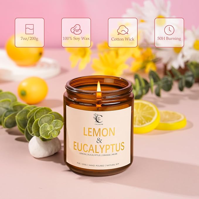 Soy Jar Candle,Premium Natural Soy Wax Blend with Lemon & Eucalyptus,Long-Lasting Aromatherapy Scented Candle for Bedroom & Living Room,7oz Reusable Container with Lid, Birthday Gift for Her Women