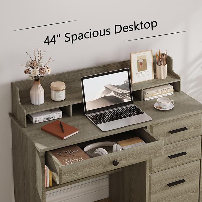4 EVER WINNER Computer Desk with Drawers, Farmhouse Home Office Desk with Monitor Stand and File Drawer, Wood Simple PC Desk with Storage, Writing Desk for Bedroom, Grey