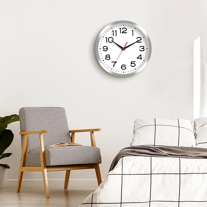 Wall Clock Silent Non-Ticking Modern Clock Battery Operated 8 Inch Small Classic Analog Decorative for Kitchen, Bathroom, Office, Bedroom, Home(Silver)