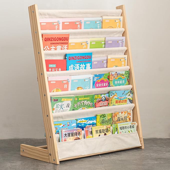 7 Tier Wooden Kids Bookshelf Book Holder Natural Wood Book Rack Storage Bookshelf for Kids Room Study Room Play Room Toy Storage Organizer (W: 24.6")