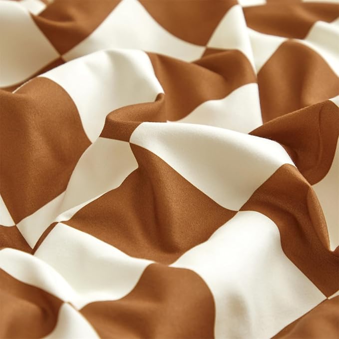 Pumpkin White Checkered Comforter Queen Set Brown Checkered Bedding Set Soft Cozy Checker Comforter Set Queen Size 3Pcs All-Season Comforter Women Men