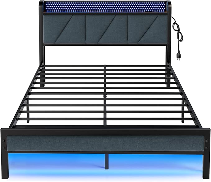 Furnulem Full Bed Frame with LED Lights,Headboard with Charging Station and USB Port,Upholstered Platform Bedframe Metal Support,No Box Spring Needed
