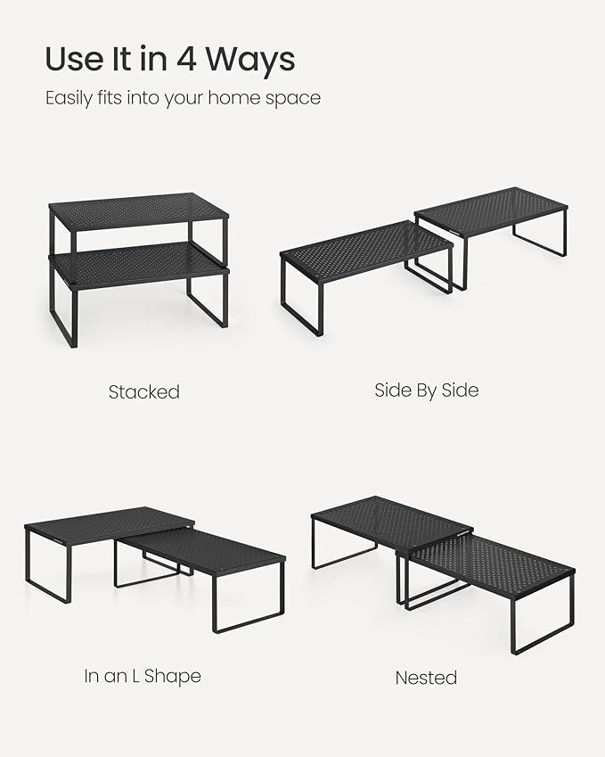 SONGMICS Spice Racks, Set of 2 Metal Cabinet Shelf Organizers, Countertop Organizers, Shelf Risers, Stackable, Expandable, Ink Black UKCS401B01