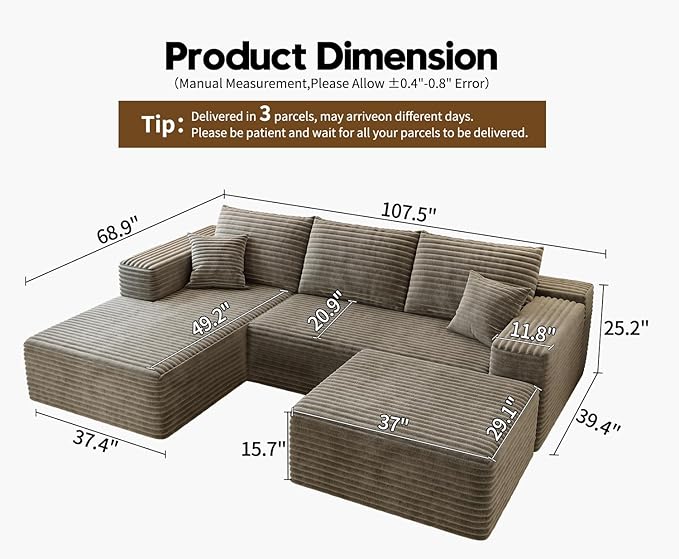 107.5" Cloud Sectional Couch with 1 Ottoman,Modern Modular Sofa with Deep Seat, Comfort U Shaped Sofa Couches for Living Room Bedroom Apartments,No Assembly Required, (Camel,Left Facing Chaise)