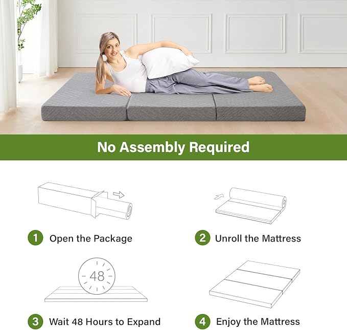 Folding Mattress 4in Single Memory Foam Tri-Folding Mattress with Washable Cover Foldable Floor Mat for Guest Bed, Camping, Yoga, RV Travel, Light Grey (Size: 25" L x 75" W x 4" Th)