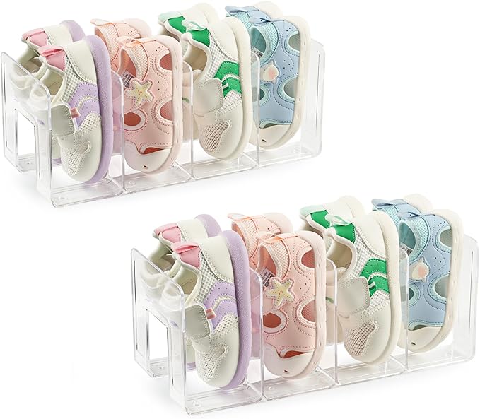 Clear Acrylic Kids Shoe Rack for Closet Organizers and Storaget, Baby Shoe Storage Small Shoe Rack 4 Sections Kids Shoe Organizer Stackable,Desk File Sorter Book Purse Organizer 2PC