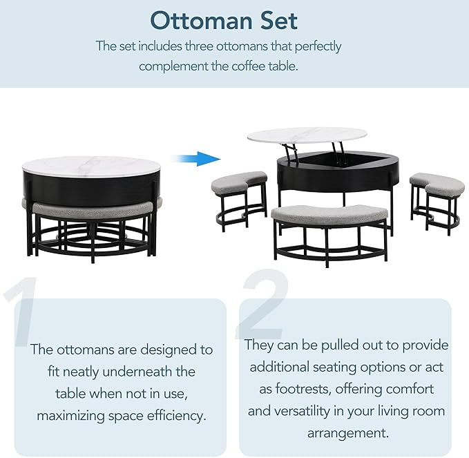 WILLIAMSPACE 31.5" Lift Top Coffee Table Set with Storage & 3 Upholstered Nesting Ottoman, Modern Round Marble Coffee Table Accent Center Table for Living Room, Apartment, White & Black