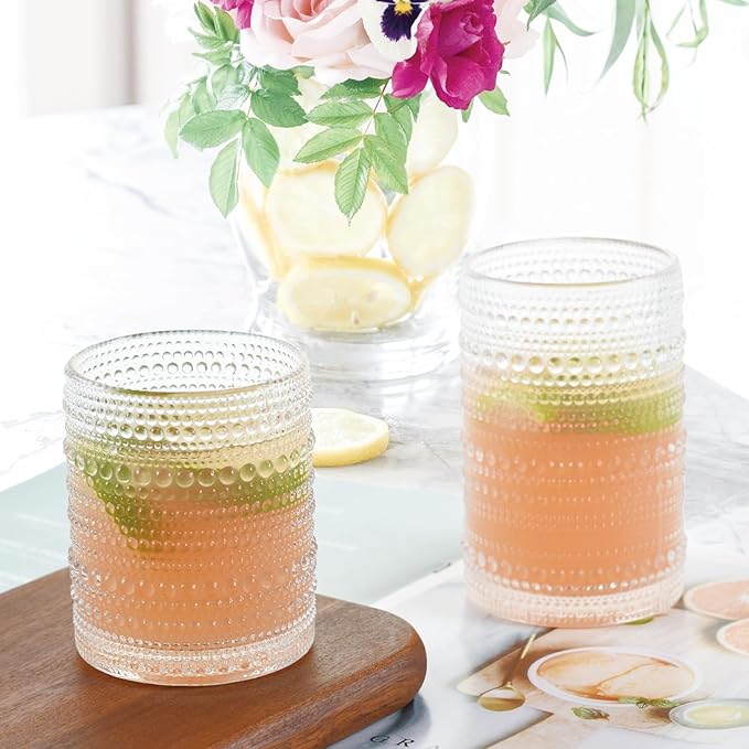 Hobnail Drinking Glasses Set of 6, Vintage Colored Glassware 14.5oz, Tall Beverage Glass Cups for Water, Juice, Cocktail (Clear)